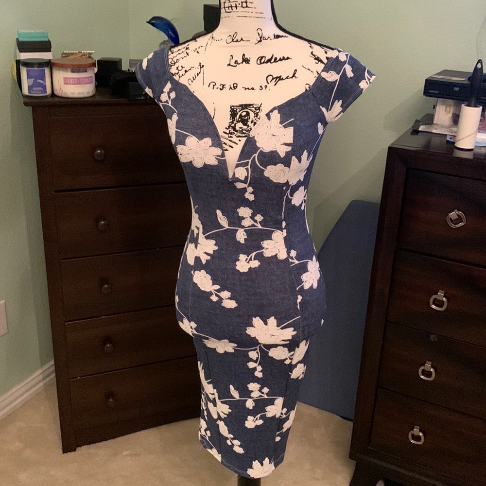 Off Shoulder Jean Floral Summer Midi Dress